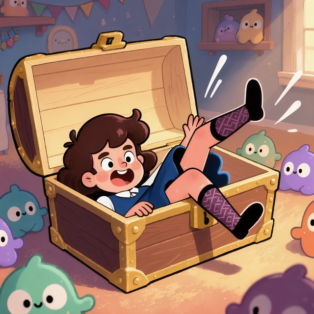 An adult swallowed by an inert mimic chest, with their legs in stockings sticking out of the chest and kicking around. A bunch of envious, cute mimic chests surround it, looking obviously jealous. — Kling v3 Omni