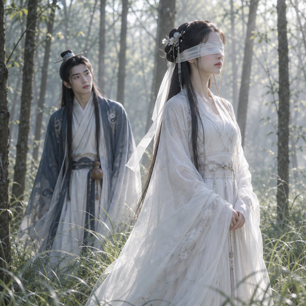 A beautiful young adult woman in flowing white hanfu stands quietly in a sparse forest, blindfolded with a soft white cloth. Grass surrounds her feet, and the scene feels calm, mysterious, and poetic. A few steps behind her stands a young adult male Taoist in traditional robes, gazing at her with a mesmerized, captivated expression. Gentle natural light filters through the thin trees, creating an ethereal atmosphere. Cinematic, elegant, emotionally evocative. — GPT Image 2.5 Flare