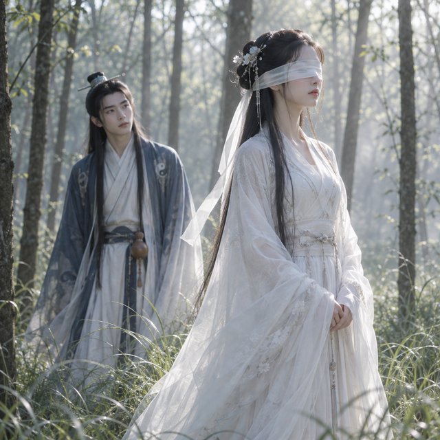 A beautiful young adult woman in flowing white hanfu stands quietly in a sparse forest, blindfolded with a soft white cloth. Grass surrounds her feet, and the scene feels calm, mysterious, and poetic. A few steps behind her stands a young adult male Taoist in traditional robes, gazing at her with a mesmerized, captivated expression. Gentle natural light filters through the thin trees, creating an ethereal atmosphere. Cinematic, elegant, emotionally evocative. — GPT Image 2.5 Flare
