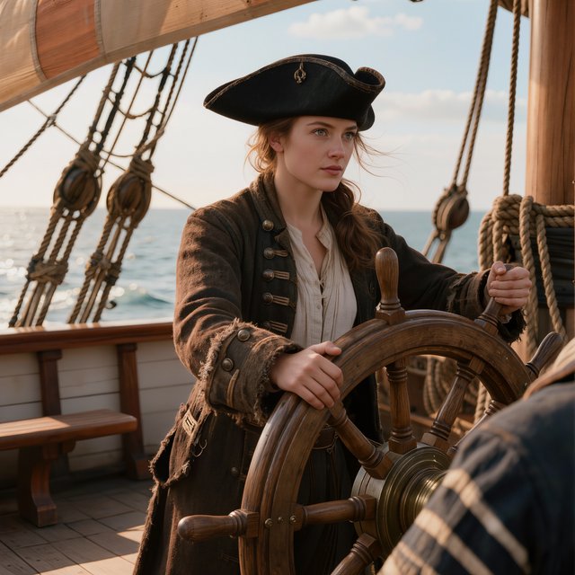 A pirate woman wearing a tricorne hat and an open coat stands behind the helmsman, scanning the horizon for danger. — Kling v3