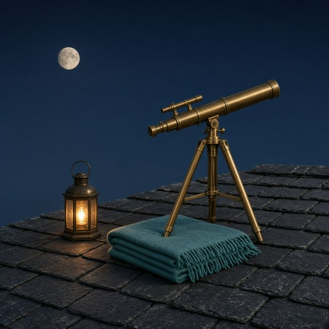 On a slate rooftop, exactly one brass telescope points east; one amber lantern sits to its left, one folded teal blanket lies beneath the tripod, and one pale moon hangs behind it in the clear sky, nothing else. — Model 5