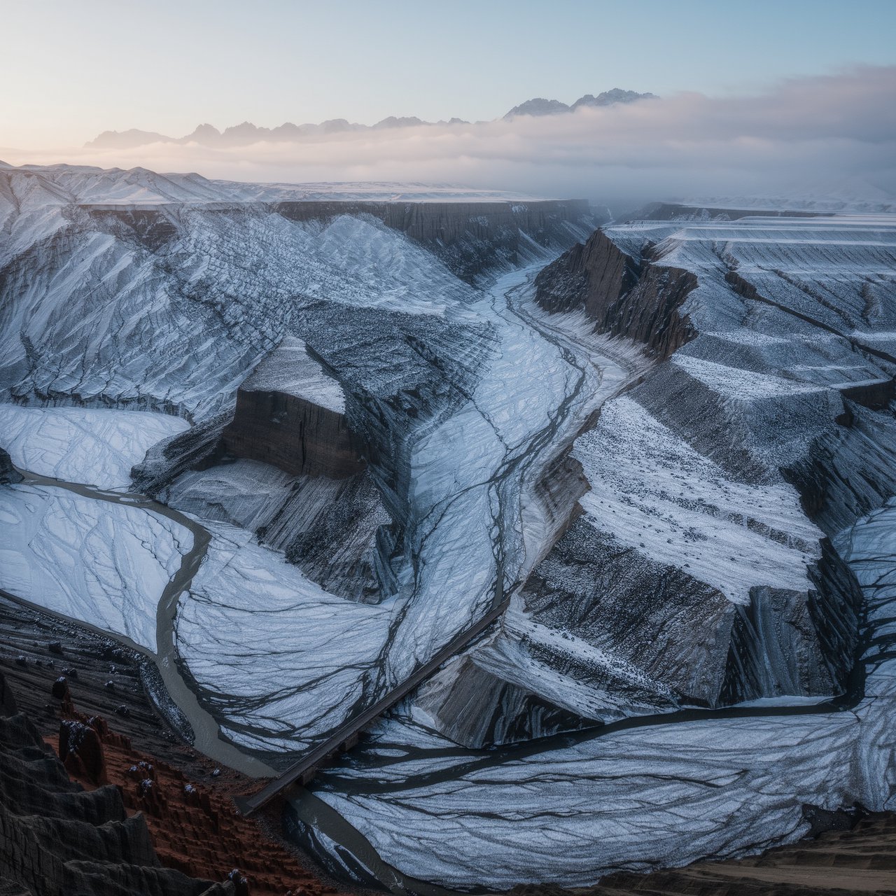 Beyond a braided glacier-fed stream, a steep moraine valley opens beneath clearing dawn snow flurries; gritty ice grains and water-polished stones sharpen the near bank, while layered ridges fade into cloud. — Kling v3 Omni