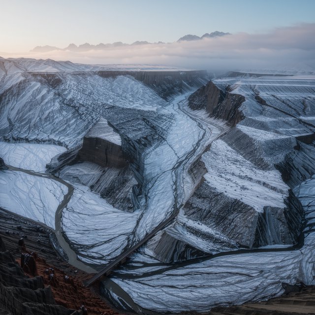 Beyond a braided glacier-fed stream, a steep moraine valley opens beneath clearing dawn snow flurries; gritty ice grains and water-polished stones sharpen the near bank, while layered ridges fade into cloud. — Model 10
