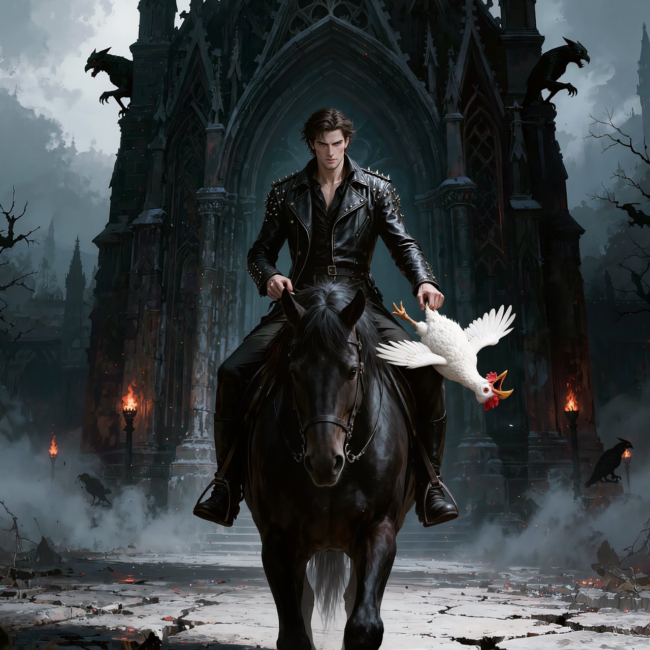 A man riding a horse, holding a screaming chicken, in dark gothic fantasy. — Kling v3