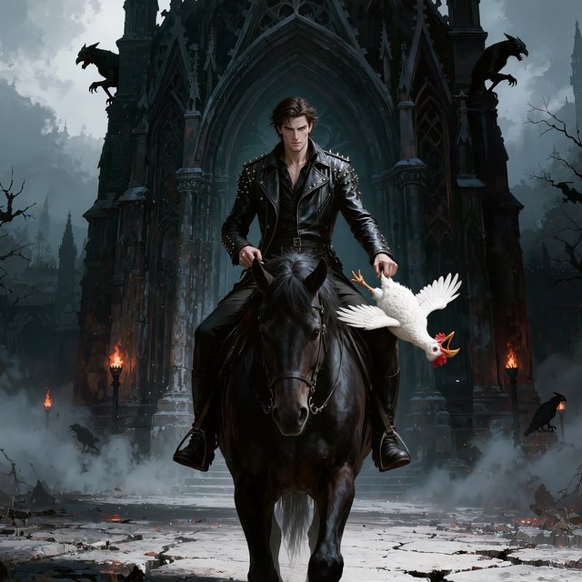A man riding a horse, holding a screaming chicken, in dark gothic fantasy. — Model 9