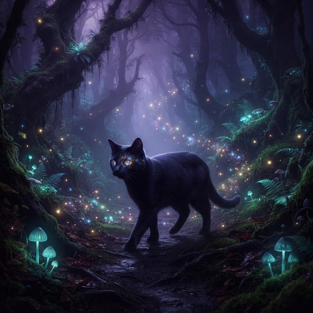 A sleek, obsidian cat with fur that seems to absorb all light, walks with quiet grace through a tranquil, mist-shrouded forest. Its eyes glow with an inner cosmic energy, reflecting distant nebulae. Ethereal fireflies drift around it, illuminating ancient, gnarled trees and glowing mushrooms. The style is deeply atmospheric, emphasizing soft focus and a palette of deep purples and blues. — Nano Banana 2 Lite