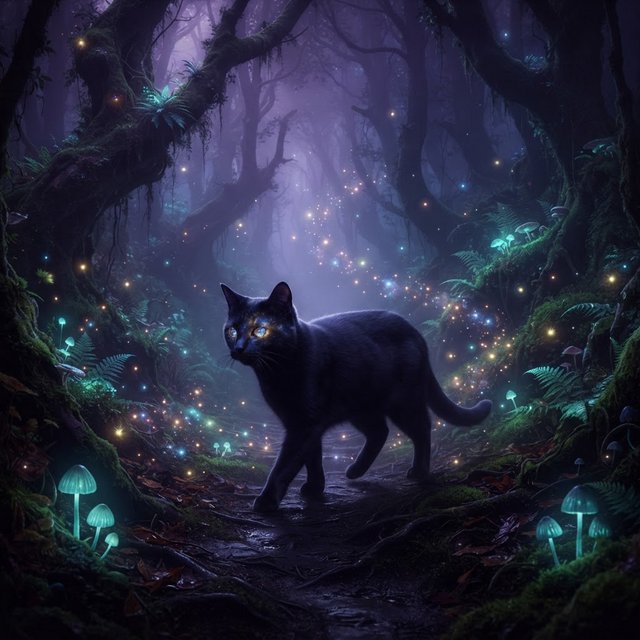 A sleek, obsidian cat with fur that seems to absorb all light, walks with quiet grace through a tranquil, mist-shrouded forest. Its eyes glow with an inner cosmic energy, reflecting distant nebulae. Ethereal fireflies drift around it, illuminating ancient, gnarled trees and glowing mushrooms. The style is deeply atmospheric, emphasizing soft focus and a palette of deep purples and blues. — Nano Banana 2 Lite