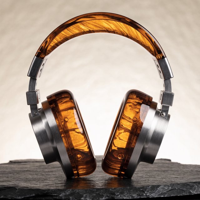 Commercial product photograph of unbranded over-ear headphones crafted from translucent amber resin and brushed titanium, resting on a dark slate surface against a muted cream background, lit by a broad diffused softbox and a delicate rim light. — Recraft v4 Pro