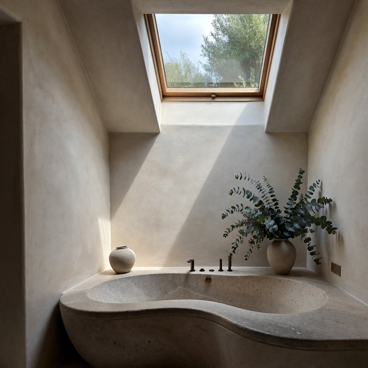A spa bathroom with a stone tub, a skylight, plaster walls in warm white, eucalyptus in a vase, soft shadows. — ImagineArt 1.5 Pro