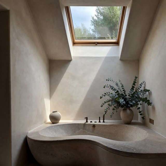 A spa bathroom with a stone tub, a skylight, plaster walls in warm white, eucalyptus in a vase, soft shadows. — ImagineArt 1.5 Pro