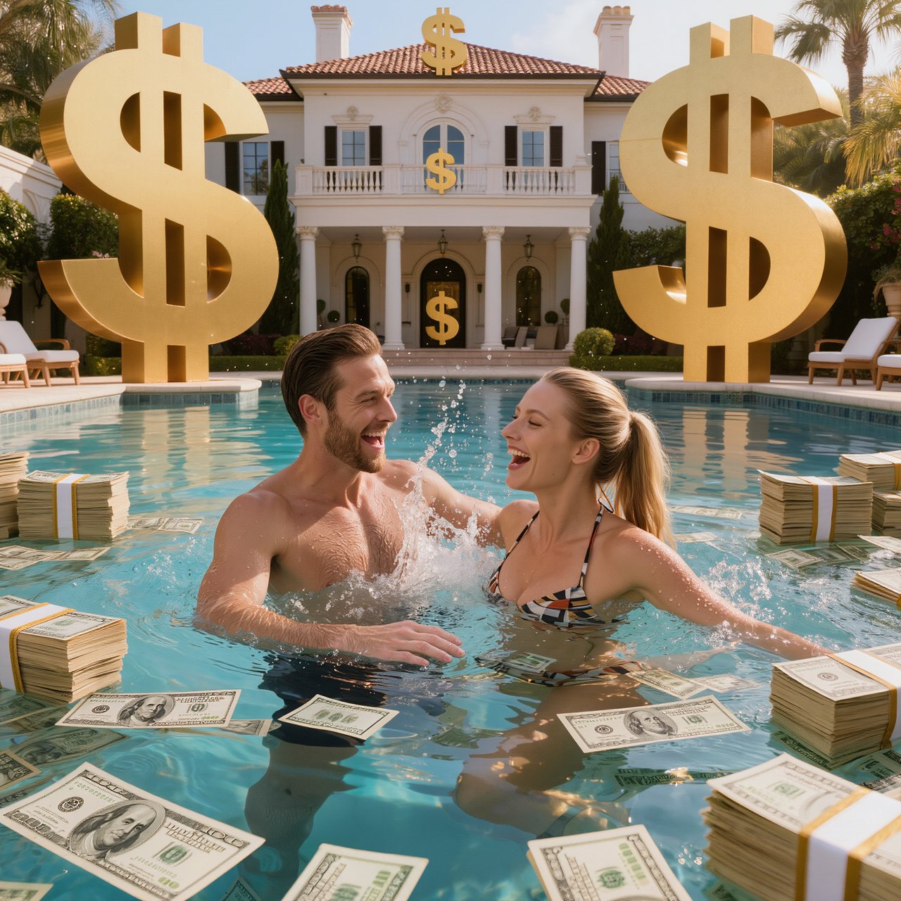 A wealthy adult couple swimming in a huge pool full of money, near a huge mansion with dollar signs on it, with a fun, happy vibe. — Kling v3