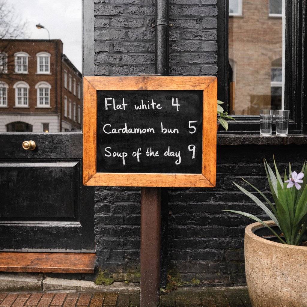 A café chalkboard listing exactly three items: "Flat white 4", "Cardamom bun 5", "Soup of the day 9", in neat chalk handwriting. — Recraft v4