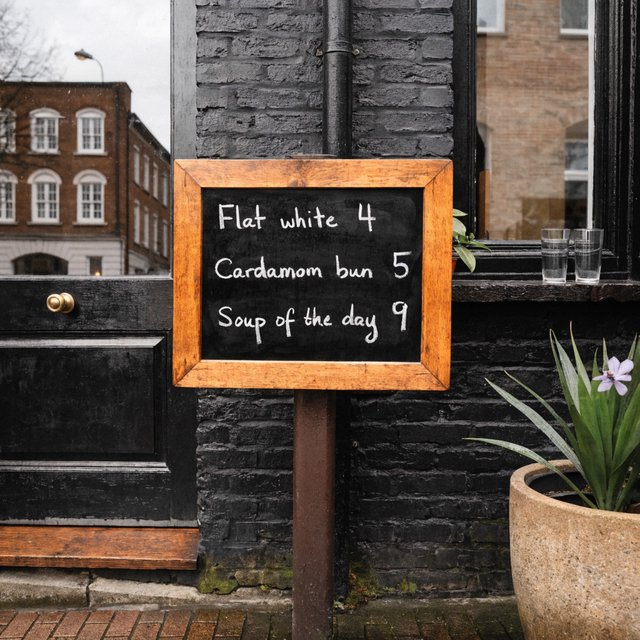 A café chalkboard listing exactly three items: "Flat white 4", "Cardamom bun 5", "Soup of the day 9", in neat chalk handwriting. — Recraft v4