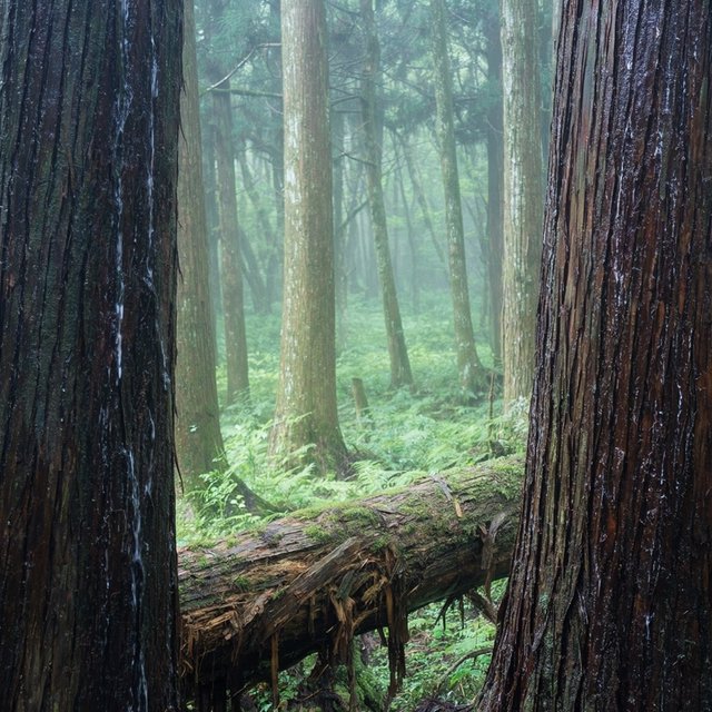 Between cedar trunks, a moss-covered fallen giant bridges a fern-filled ravine in steady dawn drizzle; shredded bark, rain-dark lichen, and tiny rivulets stand crisp nearby while successive trees dissolve into green mist. — Krea 2 Large