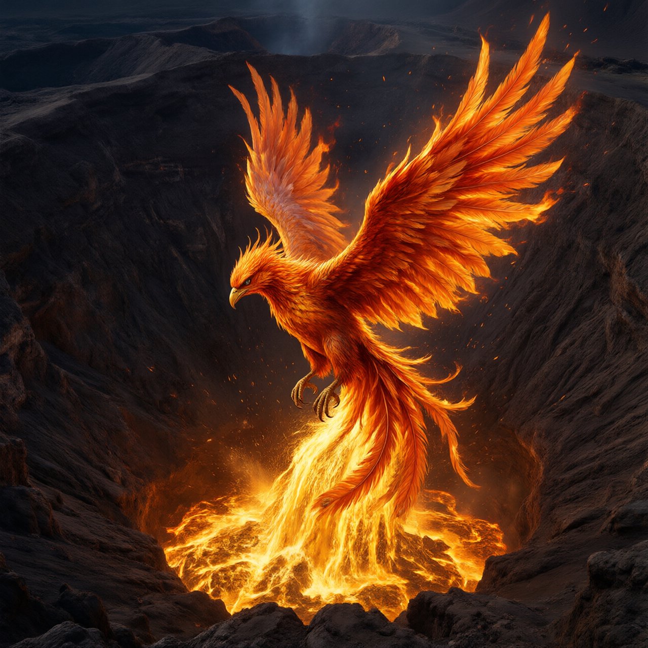 A majestic phoenix rising from a cascade of molten gold and shimmering embers against a backdrop of a dark, volcanic caldera. Its feathers are ablaze with brilliant oranges, reds, and fiery yellows. The air around it crackles with heat and energy. Style: Epic fantasy art with dynamic composition and vibrant color contrast — Qwen Image 3.0