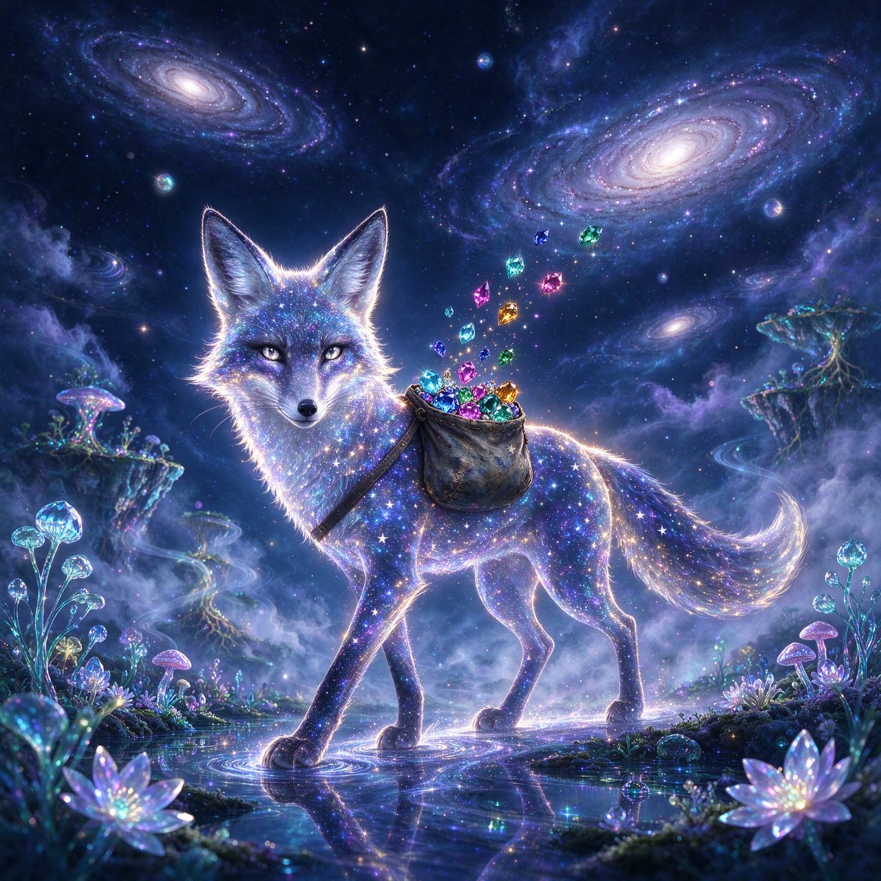 A celestial fox made of stardust and nebulae, carrying a satchel overflowing with glowing cosmic jewels, journeys through an ethereal dreamscape. Swirling galaxies and bioluminescent flora fill the background. The scene is rendered in a surreal, photorealistic style, emphasizing intricate details and a sense of infinite wonder. — Seedream 5.0 Flash
