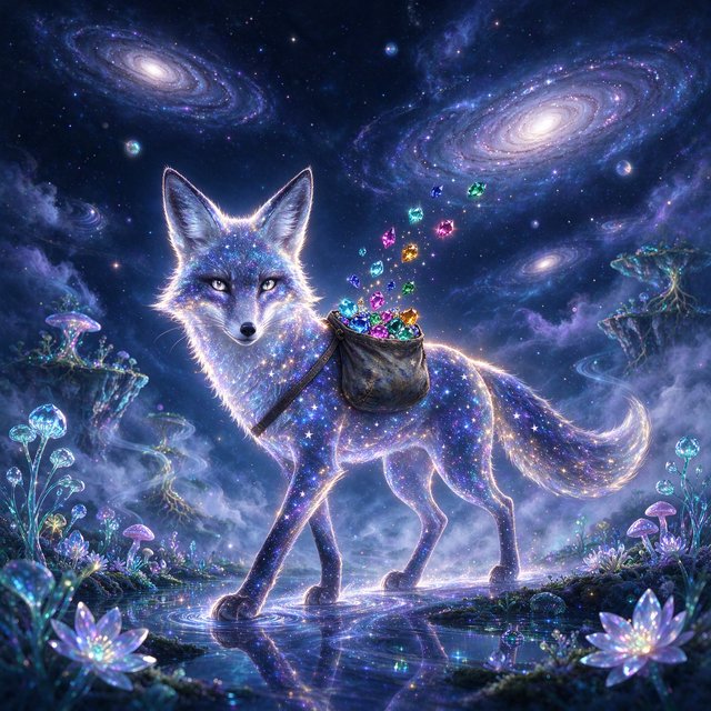 A celestial fox made of stardust and nebulae, carrying a satchel overflowing with glowing cosmic jewels, journeys through an ethereal dreamscape. Swirling galaxies and bioluminescent flora fill the background. The scene is rendered in a surreal, photorealistic style, emphasizing intricate details and a sense of infinite wonder. — Seedream 5.0 Flash