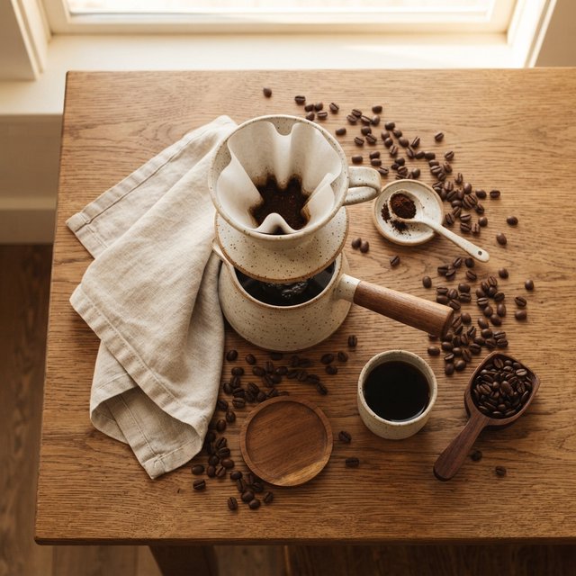 Overhead flat lay of a ceramic pour-over coffee set on oak, roasted beans scattered, a folded linen napkin, warm natural light. — Nano Banana 2 Lite