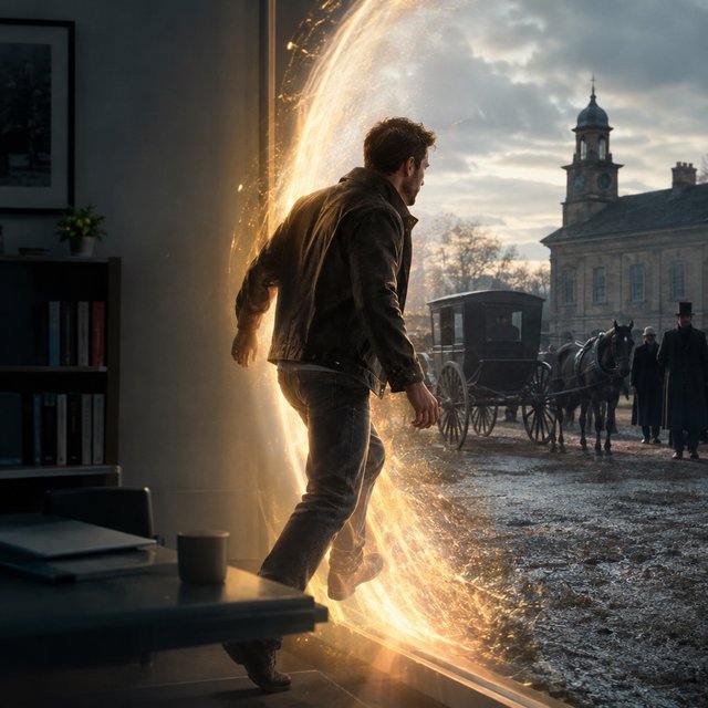 Realistic, an adult person goes back in time to change something. — GPT Image 2.5 Flare