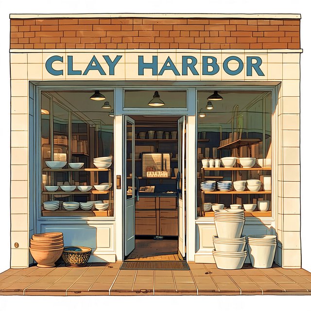 A sunlit ceramicist's studio storefront displays glazed bowls behind dusty glass doors; "CLAY HARBOR" is printed in cobalt-blue block letters across a cream tile transom above the entrance, with kiln warmth glowing inside. — Midjourney Niji 7