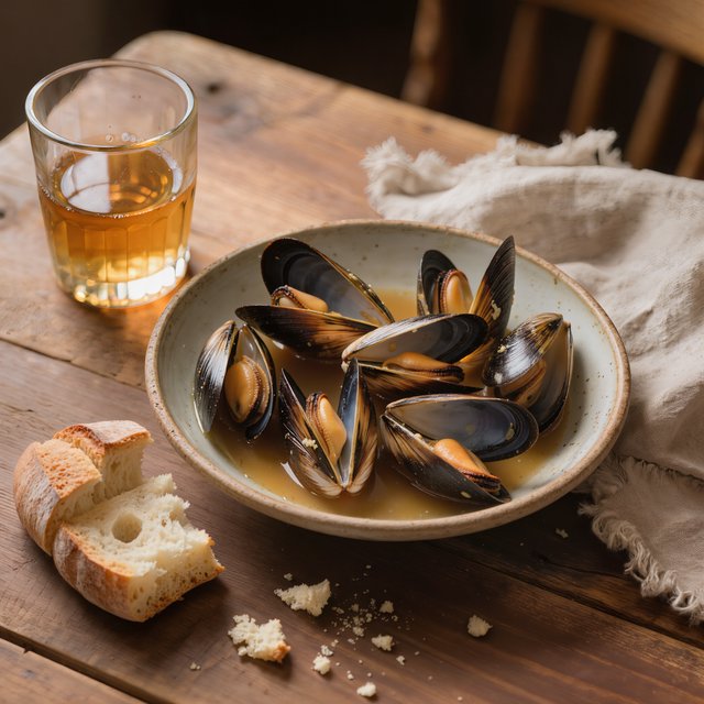 Beside a rumpled linen napkin, an in-progress supper shows a shallow bowl of mussels, torn bread, and a half-full glass on a wooden table. A natural-light dining snapshot, shot at 50mm with shallow depth of field, catches crumbs and glossy broth. — Kling v3