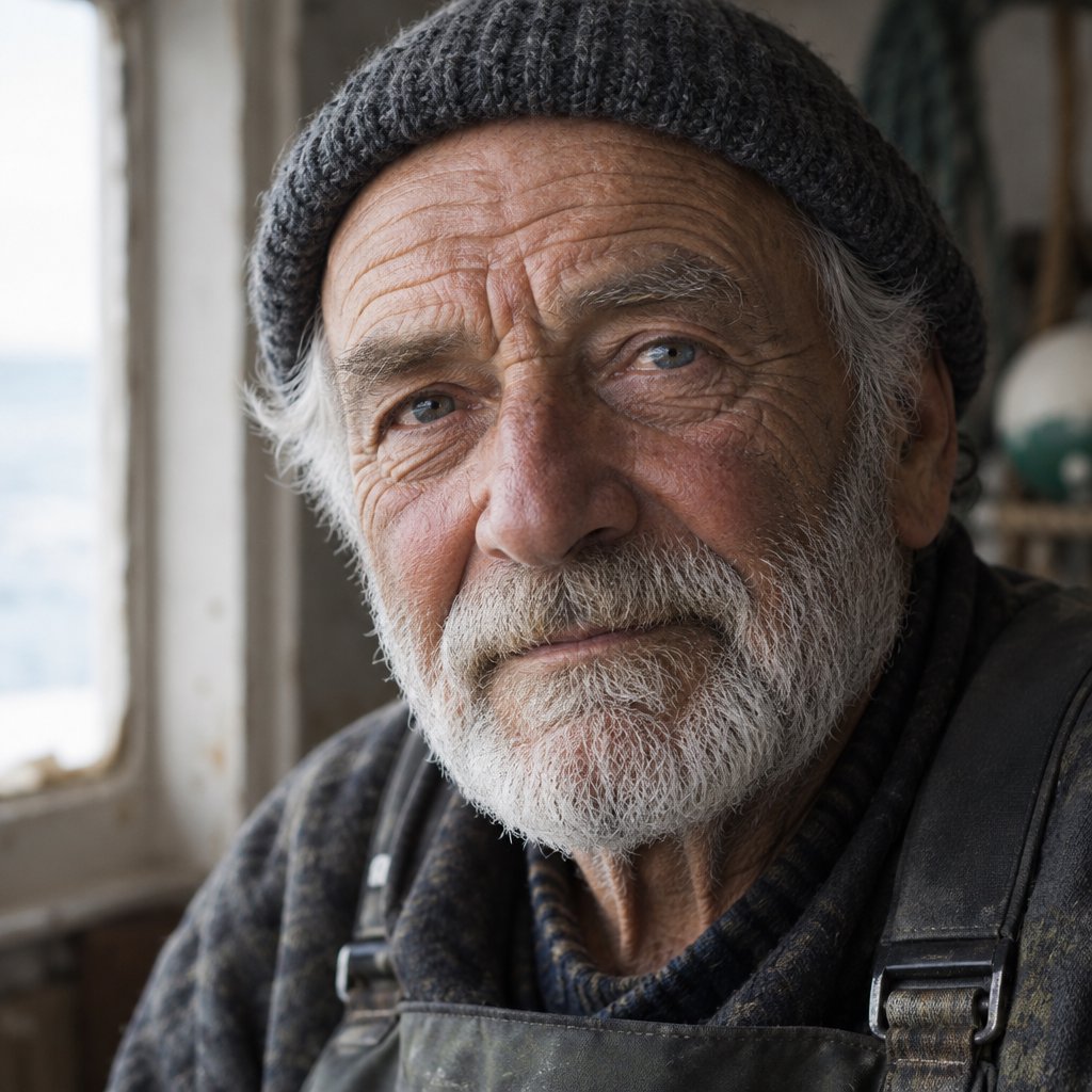 Close-up portrait of an elderly fisherman with deep wrinkles and a knitted cap, catchlights in the eyes, weathered skin texture, soft window light. — GPT Image 2.5 Sunburst
