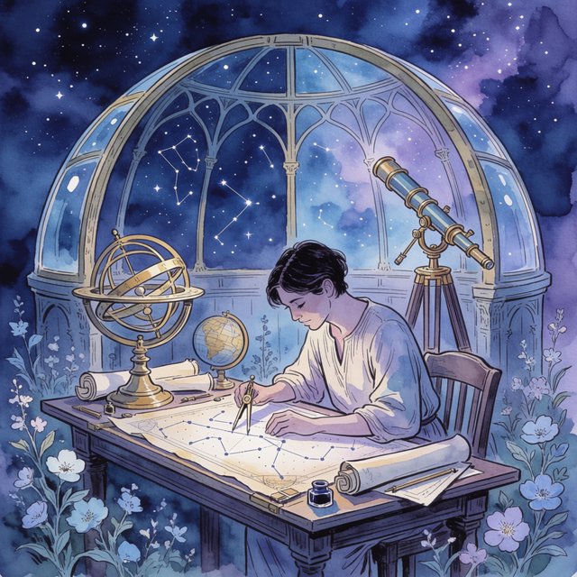 Ink-and-watercolour illustration of an adult astronomer mapping constellations from a glass-domed observatory, surrounded by brass instruments and flowering night plants. Indigo, lavender, and pale gold palette, delicate linework, serene atmospheric detail. — Krea 2 Medium