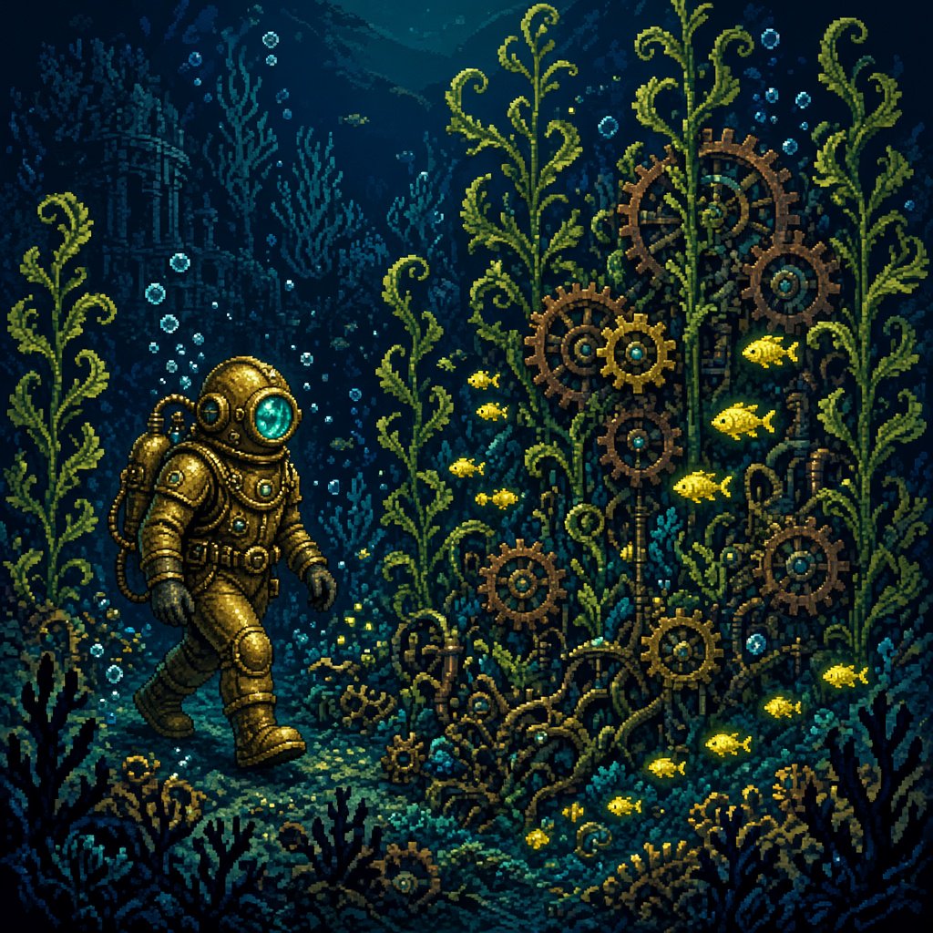 A brass-suited adult diver explores a submerged clockwork garden, where kelp curls around sunken gears and tiny fish glow in the dark; pixel art illustration, palette of teal, copper, midnight blue, and lemon yellow. — Grok Imagine Image 2
