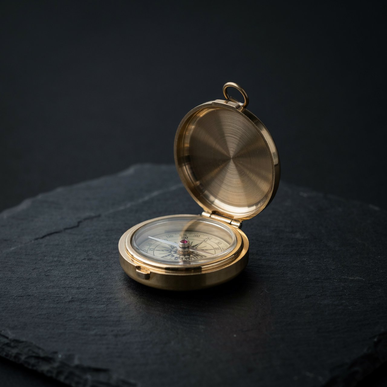 A compact brass pocket compass rests on black slate, its satin-metal casing and clear glass cover catching a broad diffused key and narrow warm rim light against a deep charcoal background; an unbranded commercial product image, blank face without lettering. — Ideogram v4