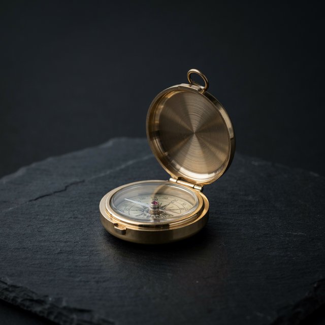 A compact brass pocket compass rests on black slate, its satin-metal casing and clear glass cover catching a broad diffused key and narrow warm rim light against a deep charcoal background; an unbranded commercial product image, blank face without lettering. — Ideogram v4