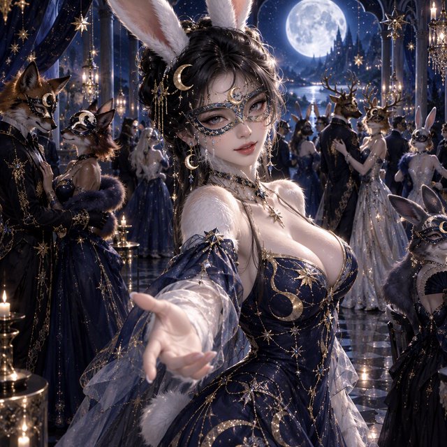Create the most glamorous and mysterious midnight masked-ball scene, where various alluring anthropomorphic animals, such as foxes, deer, and rabbits, pose and dance under the moon. They wear moon-themed masks. In the middle foreground stands the most exquisite, alluring human-rabbit hybrid, with long white rabbit ears, a pulchritudinous East Asian face, an hourglass figure, rabbit-fur features, and human skin blended aesthetically. She wears the most exquisite silk dress with moon patterns and cross-star embroidery. She poses in a beckoning gesture, inviting the viewer to be her dance partner at the masquerade. No speech. — GPT Image 2.5 Flare