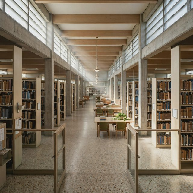 Interior of a mid-century modernist public library, with pale oak shelving, exposed concrete columns, terrazzo flooring, and a broad clerestory. Diffuse morning light crosses the reading hall, viewed from the entrance down its central aisle, with precise lines and plausible structure. — Muse Image 1.0