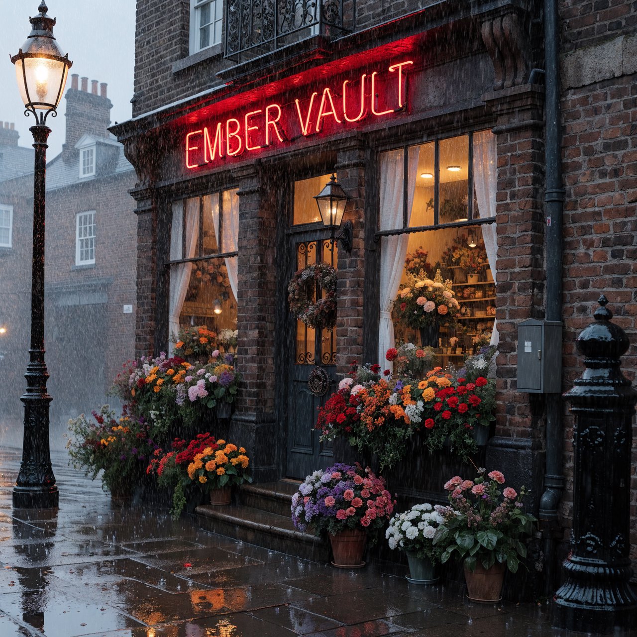 At dusk, a narrow flower shop with rain-dark brick, overflowing window boxes, and warm interior light; the invented name "EMBER VAULT" is rendered in red neon tubing above the entrance, reflected in puddles. — Recraft v4 Pro