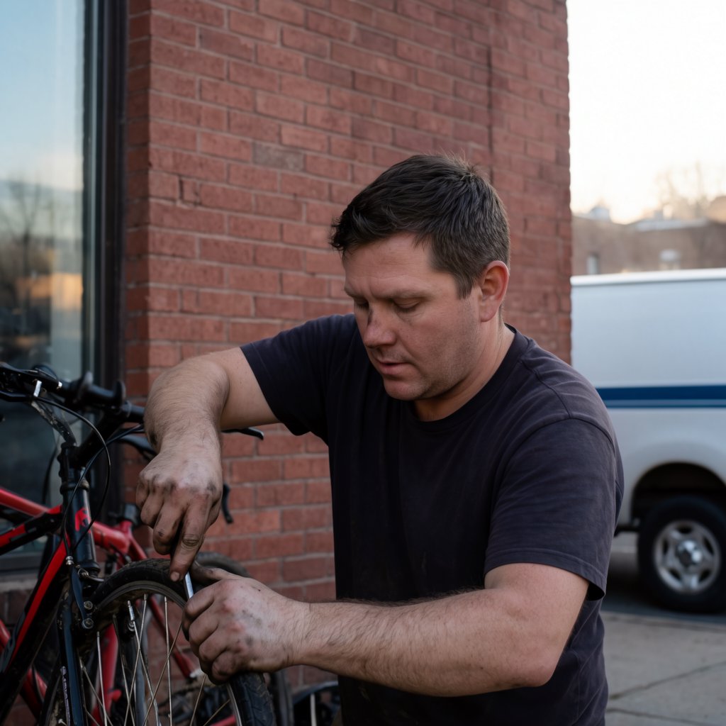 Candid documentary photograph of an adult repairing a bicycle at a quiet curbside workshop, cool morning window light, 50mm lens with shallow depth of field, grease smudges on their fingertips. — Krea 2 Large