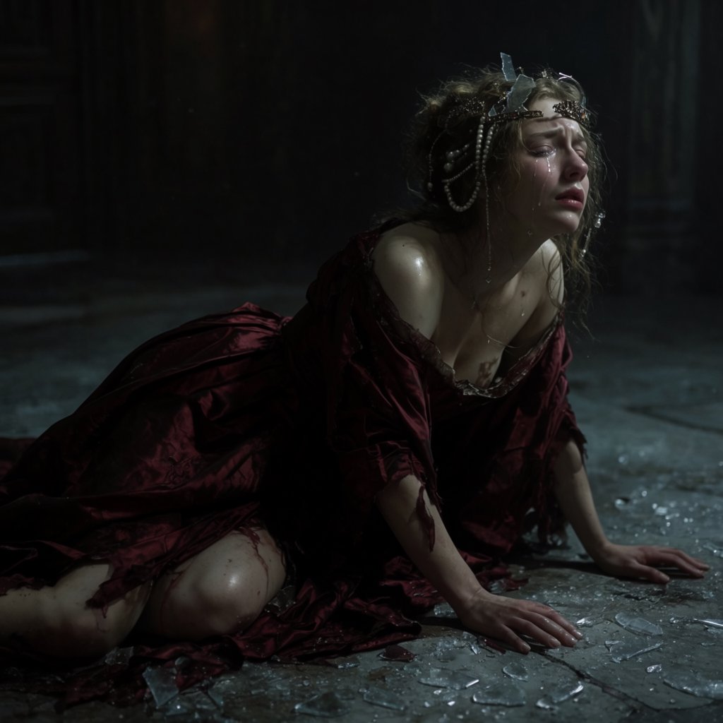 A dramatic cinematic portrait of a fallen noblewoman kneeling in a dimly lit stone chamber, wearing a disheveled dark crimson silk gown, the fabric torn and loose, revealing hints of pale skin, strong chiaroscuro lighting highlighting her silhouette and sorrowful expression, tears, messy hair adorned with broken pearls, atmosphere of despair and silence, oil painting style realism — Krea 2 Large