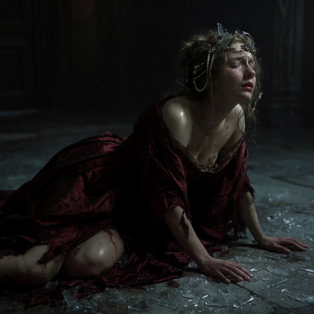 A dramatic cinematic portrait of a fallen noblewoman kneeling in a dimly lit stone chamber, wearing a disheveled dark crimson silk gown, the fabric torn and loose, revealing hints of pale skin, strong chiaroscuro lighting highlighting her silhouette and sorrowful expression, tears, messy hair adorned with broken pearls, atmosphere of despair and silence, oil painting style realism — Krea 2 Large