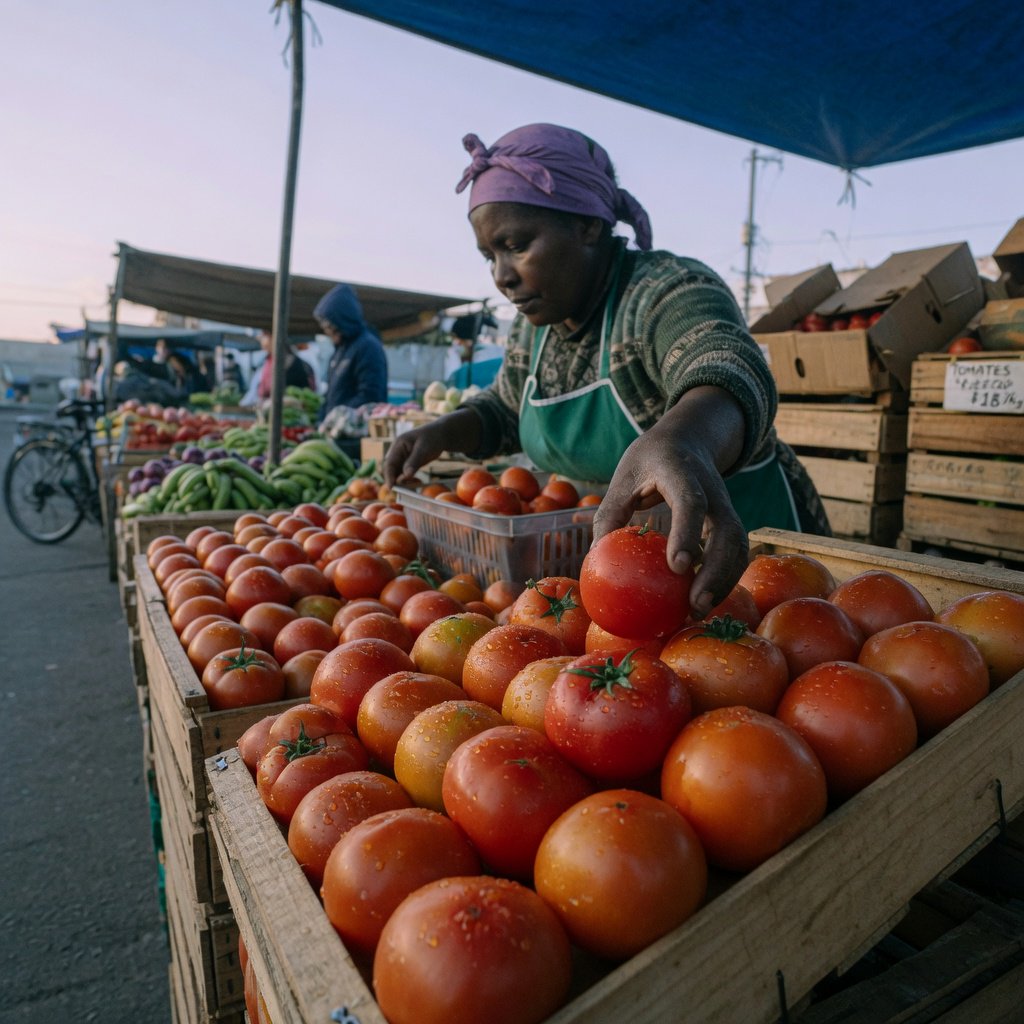 Candid documentary photograph of an adult market vendor arranging ripe tomatoes at an outdoor produce stall, cool early-morning side light, 50mm lens with shallow depth of field, condensation droplets beading on the tomato skins. — Grok Imagine Image Quality