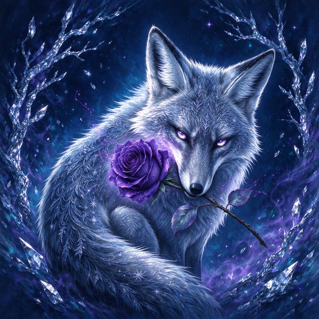 a silver fox holding a purple rose in its mouth, deep color, fantastical, intricate detail, splash screen, complementary colors, fantasy concept art — Model 19