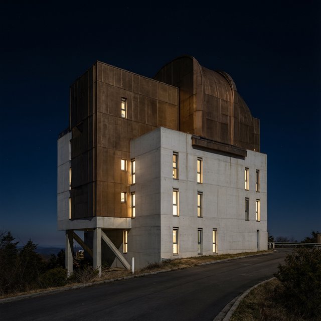 A hilltop observatory in spare contemporary architecture glows against the midnight sky, its pale concrete walls, bronze panels, and narrow windows lit from within; viewed from the access road, crisp edges and credible structural supports. — Qwen Image 3.0 Pro
