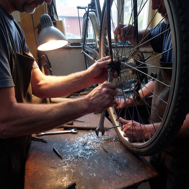 Candid documentary photograph of an adult bicycle mechanic tightening a wheel in a modest repair shop, cool window light mixing with a warm work lamp, 35mm lens with moderate depth of field, fine metal filings caught on the workbench. — ImagineArt 1.5 Pro