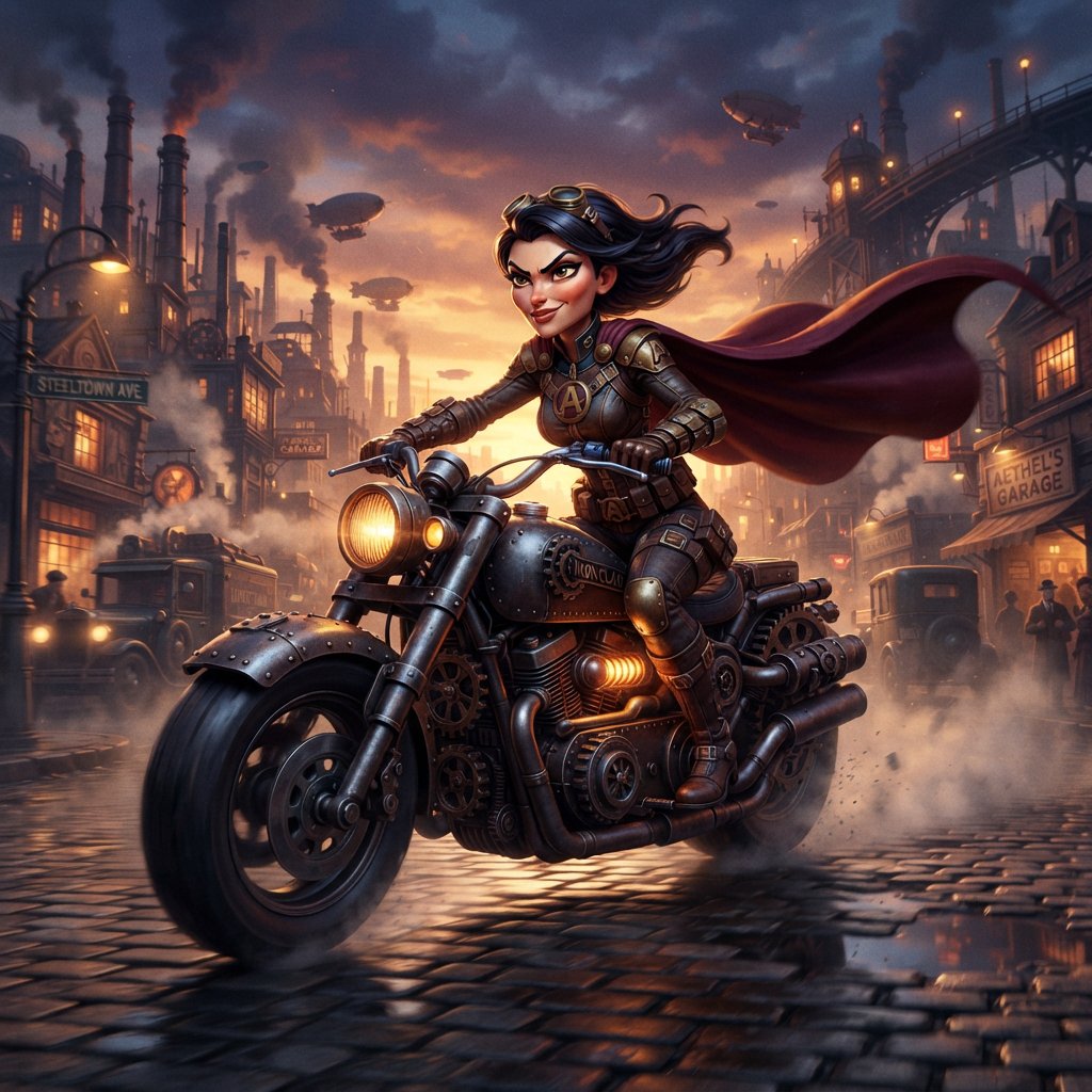 A modeled 3D character design featuring exaggerated, caricatured proportions and a striking silhouette—combined with subtle, nuanced skin shading and warm, cinematic rim lighting—creates an elegant aesthetic reminiscent of modern animated films. The result is a polished, stylized rendering characterized by rich color depth, expressive caricatured facial features, painterly texture details, and a dramatic, theatrical atmosphere typical of contemporary animation. An adult female superhero with a flowing cape on a moving motorcycle. Dieselpunk style. — Nano Banana 2 Lite