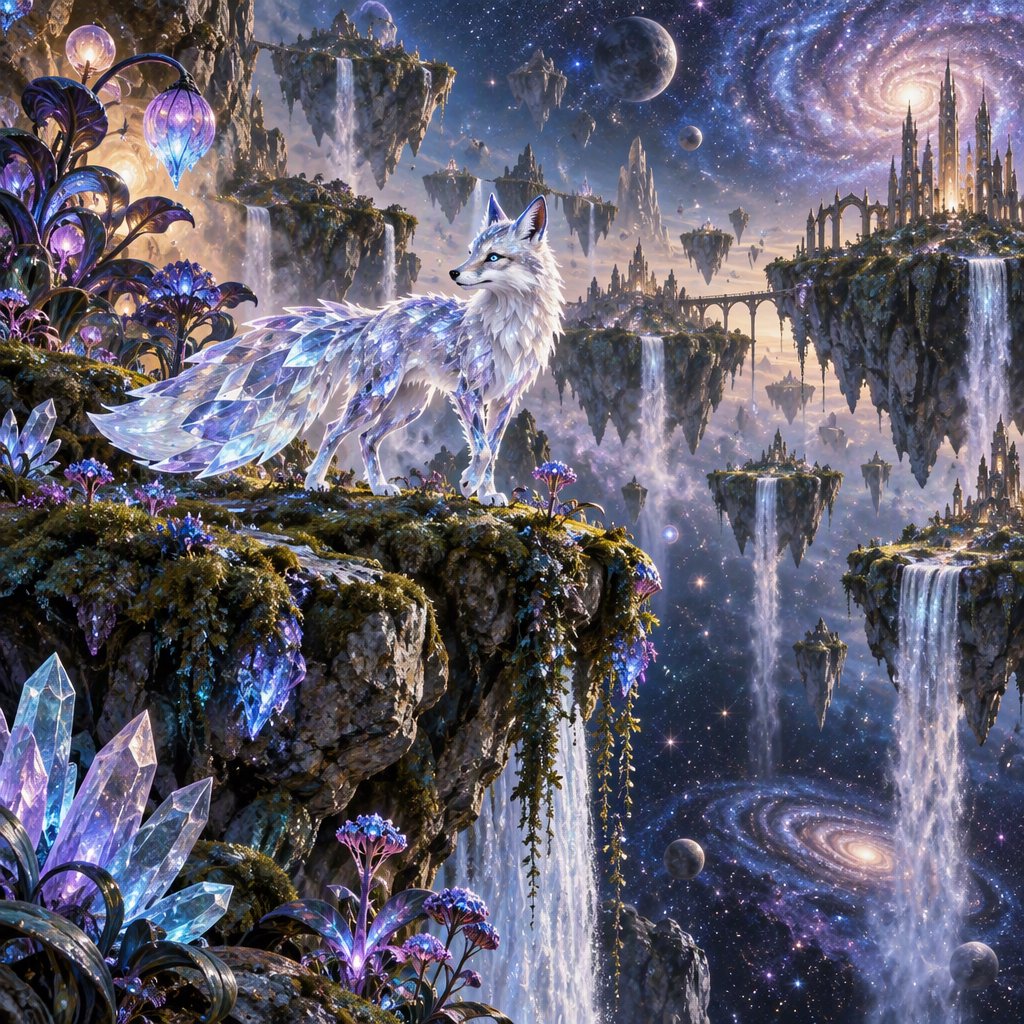 An ethereal fox with crystalline fur navigates a landscape of floating islands. Waterfalls cascade into the starry abyss below, and strange, alien flora sprouts from glowing rocks. This is a magical realism painting, infused with the wonder of distant galaxies. — GPT Image 2.5 Sunburst