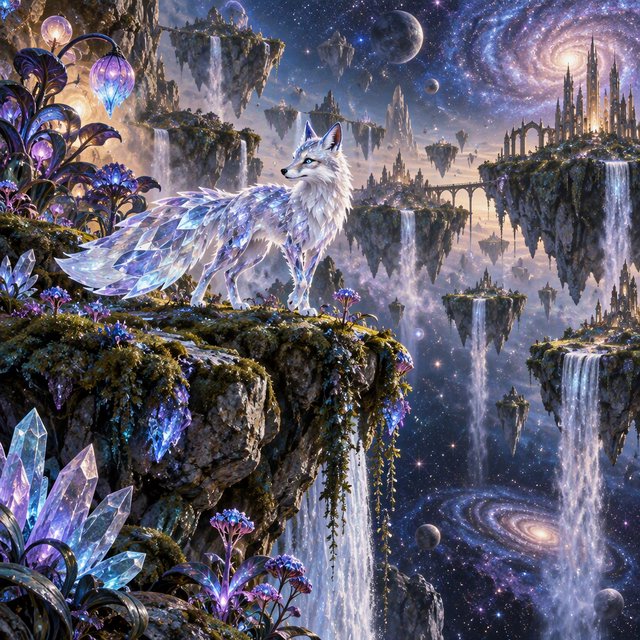 An ethereal fox with crystalline fur navigates a landscape of floating islands. Waterfalls cascade into the starry abyss below, and strange, alien flora sprouts from glowing rocks. This is a magical realism painting, infused with the wonder of distant galaxies. — GPT Image 2.5 Sunburst