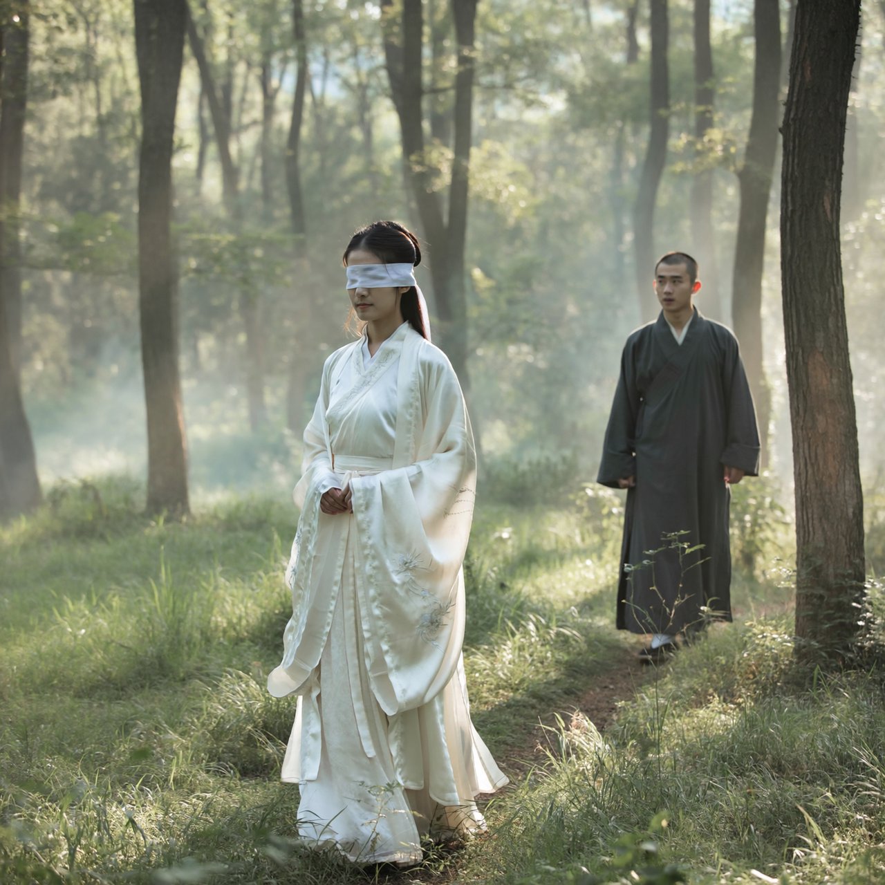 A beautiful young adult woman in flowing white hanfu stands quietly in a sparse forest, blindfolded with a soft white cloth. Grass surrounds her feet, and the scene feels calm, mysterious, and poetic. A few steps behind her stands a young adult male Taoist in traditional robes, gazing at her with a mesmerized, captivated expression. Gentle natural light filters through the thin trees, creating an ethereal atmosphere. Cinematic, elegant, emotionally evocative. — ImagineArt 2