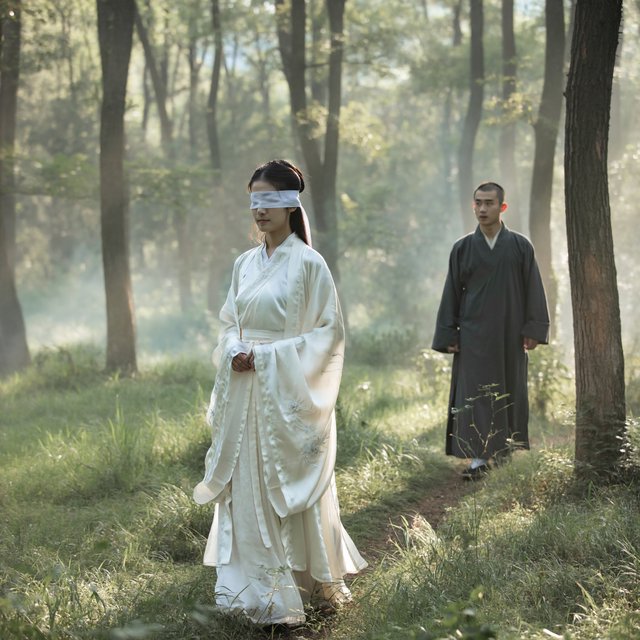 A beautiful young adult woman in flowing white hanfu stands quietly in a sparse forest, blindfolded with a soft white cloth. Grass surrounds her feet, and the scene feels calm, mysterious, and poetic. A few steps behind her stands a young adult male Taoist in traditional robes, gazing at her with a mesmerized, captivated expression. Gentle natural light filters through the thin trees, creating an ethereal atmosphere. Cinematic, elegant, emotionally evocative. — ImagineArt 2