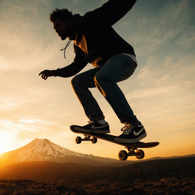 A man wearing a hoodie, jeans, and sneakers rides a skateboard that has taken off the ground. A low angle shows the man on the skateboard up in the air at high speed, with a snow-capped peak in the background beneath a setting sun in the evening sky. — Krea 2 Large