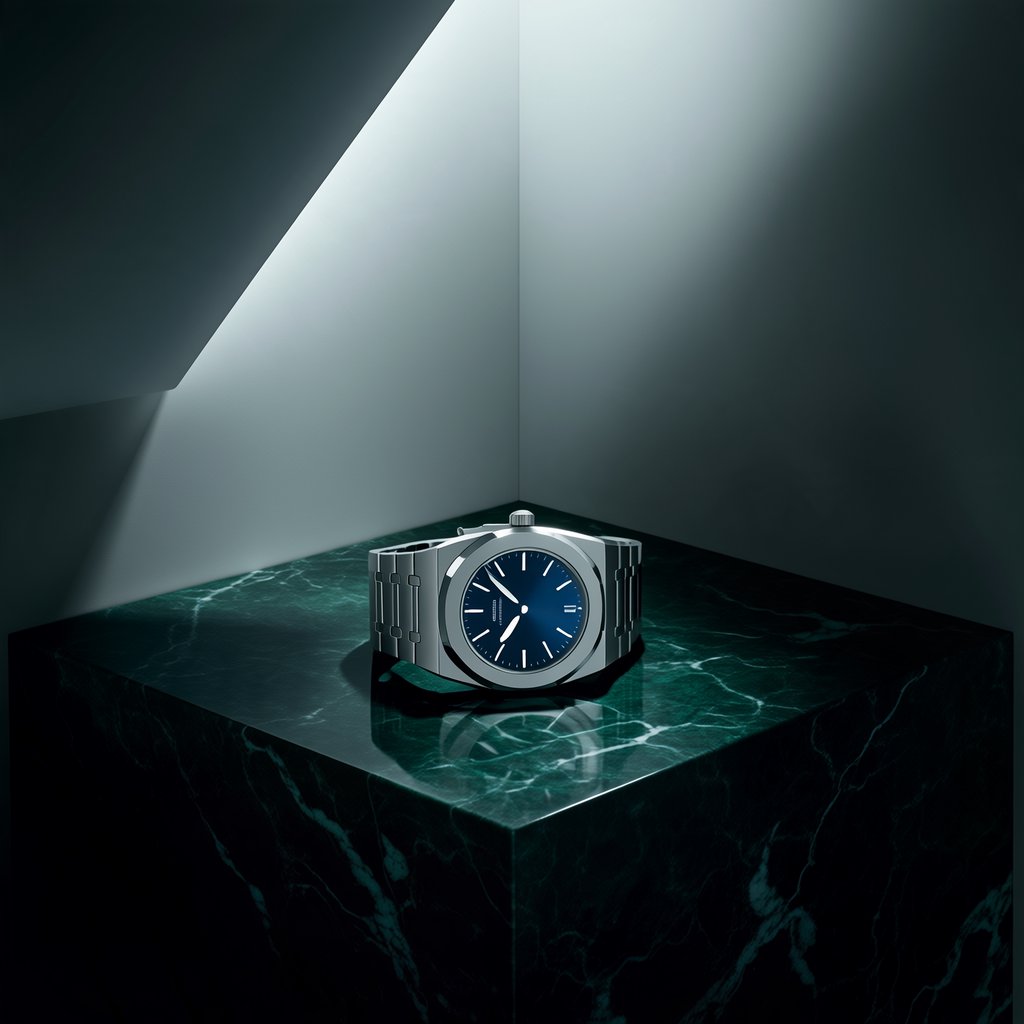 Commercial product photograph of an unbranded mechanical wristwatch with a brushed titanium case and deep blue enamel dial, resting on dark green marble against a soft gray background, illuminated by a large diffused softbox and narrow edge light. — Midjourney Niji 7