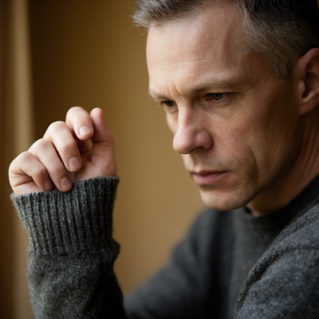 Editorial portrait of an adult man in his early 40s wearing a charcoal wool fisherman’s sweater, one hand loosely holding its ribbed cuff. His thoughtful, slightly tired expression rests against a muted ochre studio backdrop, shaped by gentle directional window light. — Krea 2 Large