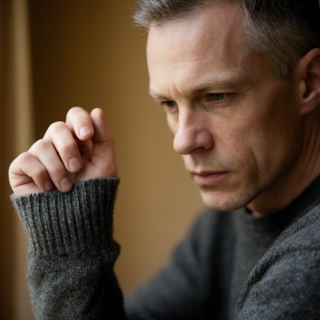 Editorial portrait of an adult man in his early 40s wearing a charcoal wool fisherman’s sweater, one hand loosely holding its ribbed cuff. His thoughtful, slightly tired expression rests against a muted ochre studio backdrop, shaped by gentle directional window light. — Krea 2 Large