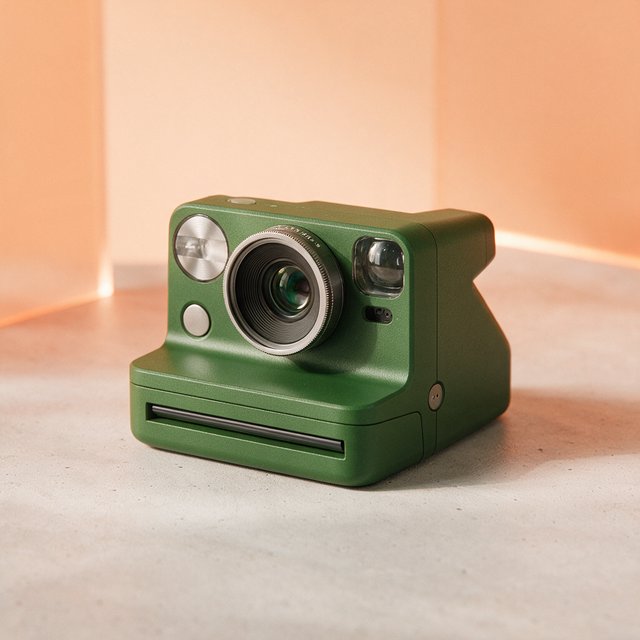 Commercial product photograph of an unbranded compact instant camera in matte forest-green polymer with brushed steel details, resting on a pale concrete surface against a warm peach background, illuminated by broad diffused studio light and a soft rim light. — Seedream 5.0 Pro